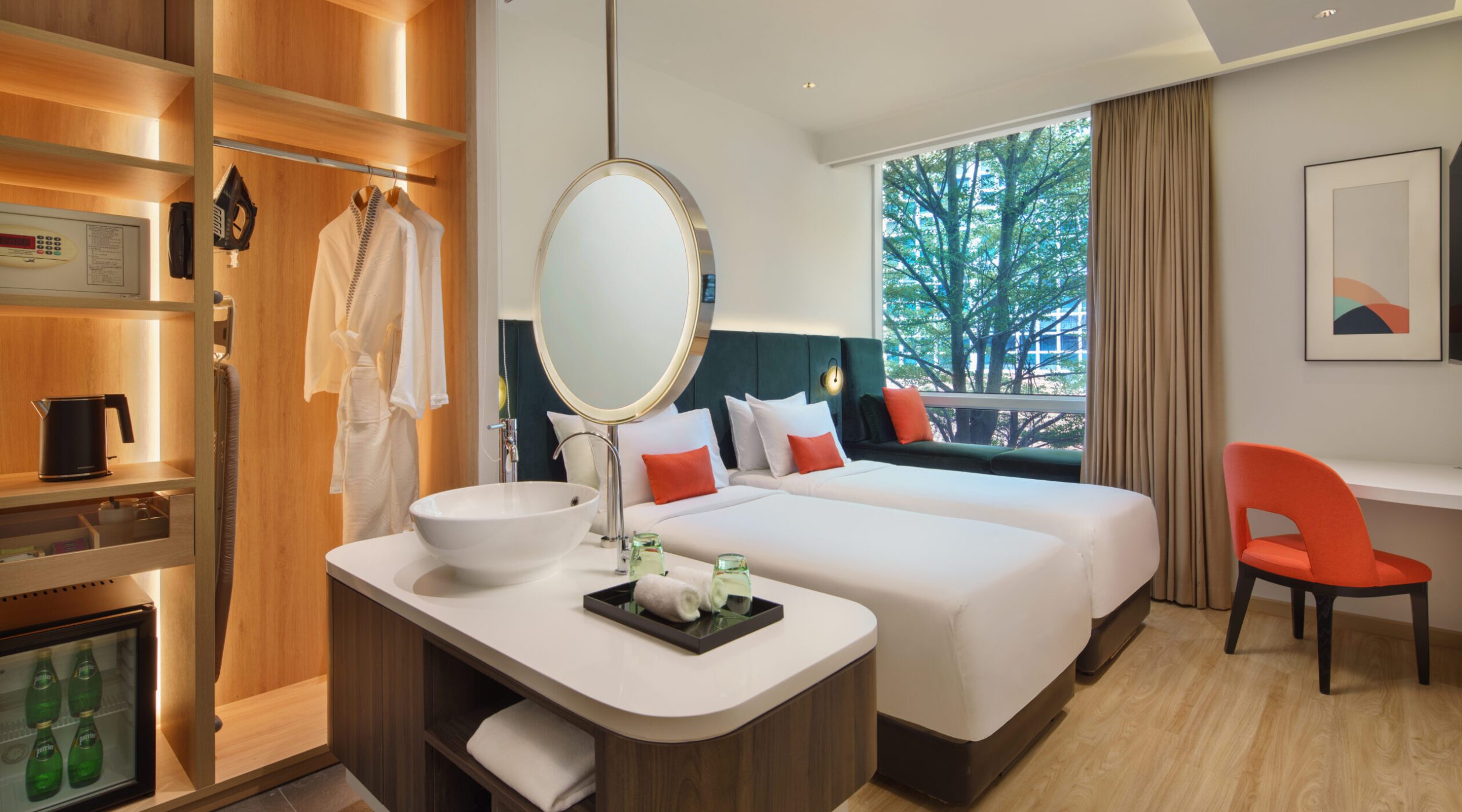 Superior Twin Bedroom at Park Regis by Prince showcasing modern interiors, twin beds, an open wardrobe, and a large window overlooking green trees.